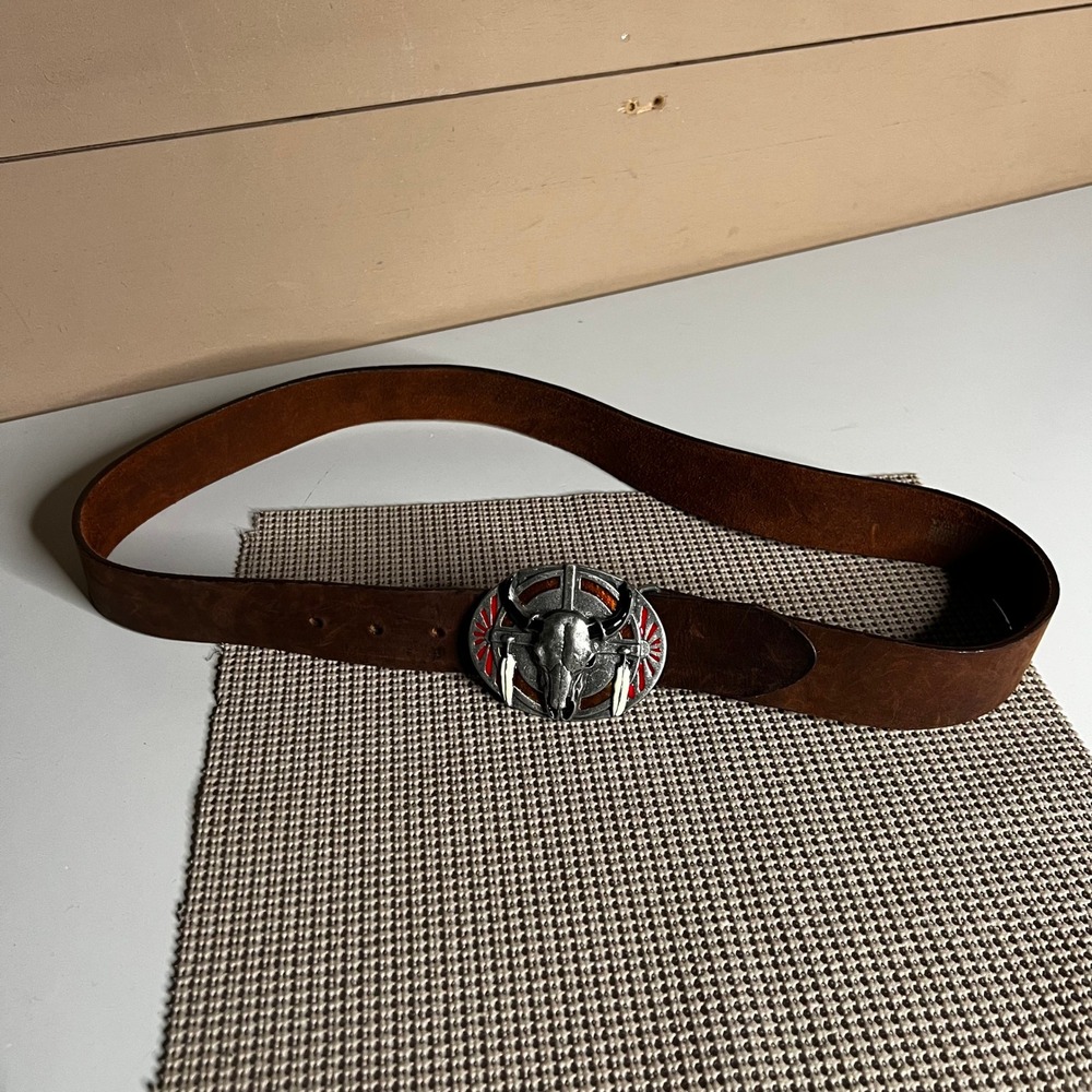Justin Mens Brown Leather Western Belt Steer Skull Trophy Buckle USA Made 36